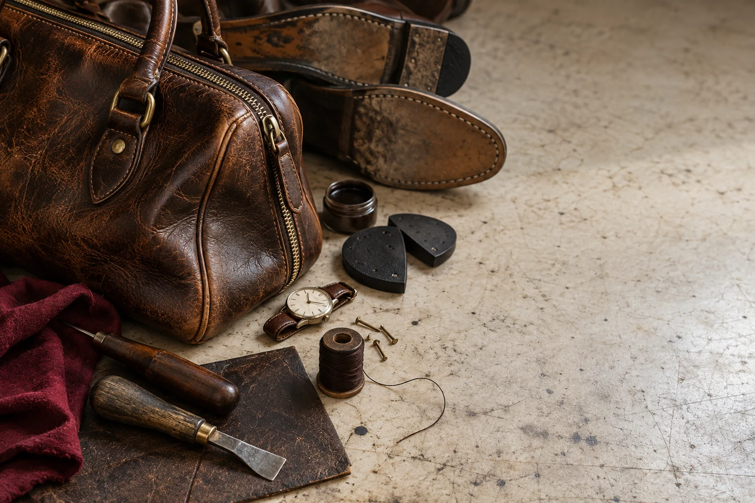 Illustrative leather repair bench with handbag, repaired zipper, soles, watch and leather tools.